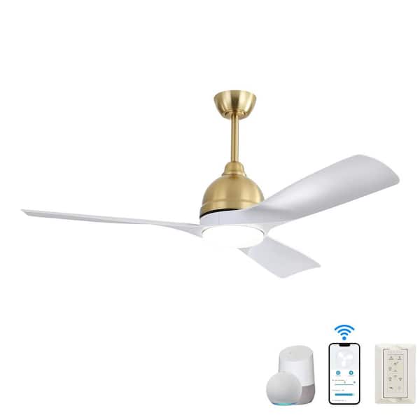 PUDO 54 in. Integrated LED Indoor Gold Ceiling Fan Lighting with Timer and 3-Colors Dimmable