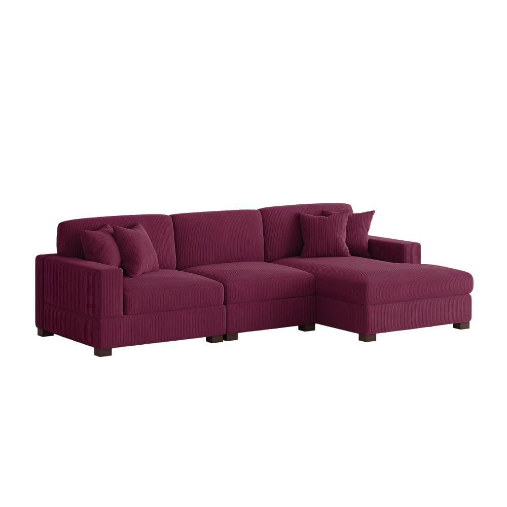 118 in. Square Arm 3-piece Corduroy Upholstered L-Shaped Sectional Sofa in Purple