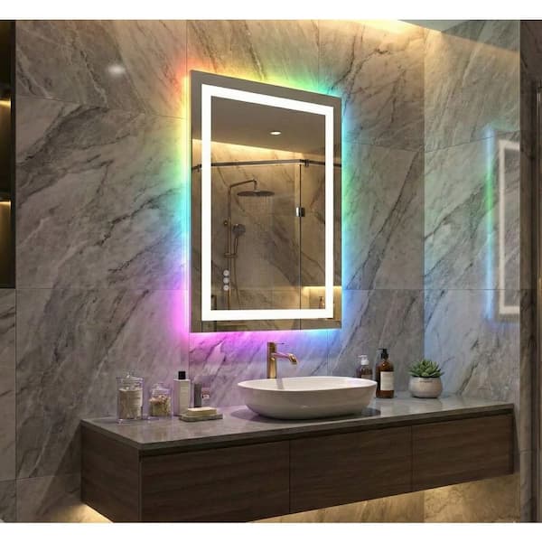 28 in. W x 36 in. H Rectangular Frameless RGB Backlit LED Lighted Anti-Fog Dimmable Wall Bathroom Vanity Mirror