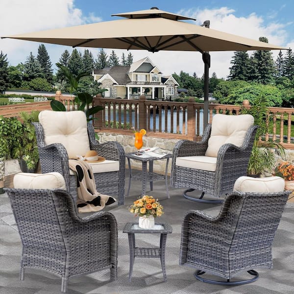 Gray 6-Piece Wicker Patio Conversation Set Outdoor Armchairs and Swivel Chairs Side Table with Beige Cushions