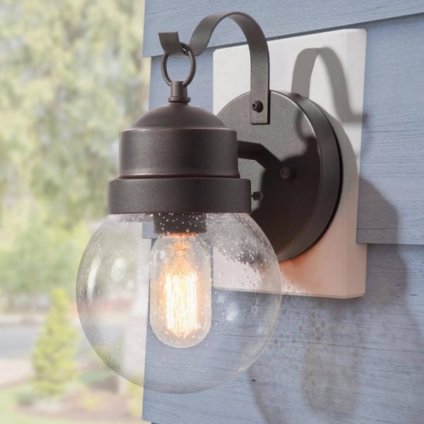 Unbranded Modern 1-Light Textured Rust Globe Outdoor Sconce with Seeded Glass Shade and No Bulb Included