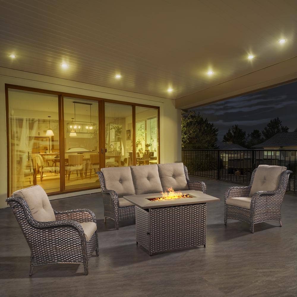 4-Piece Brown Wicker Outdoor Patio Rectangular Fire Pit Conversation Set with Gray Cushions and Sectional Sofa price history on PriceWatchPro