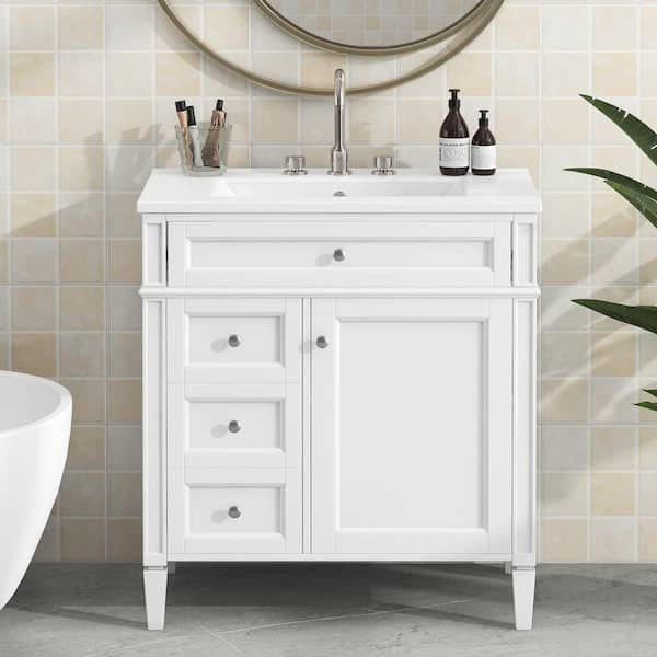 Boosicavelly 30 in. W x 18 in. D x 34 in. H Single Sink Freestanding Bath Vanity in White with White Ceramic Top