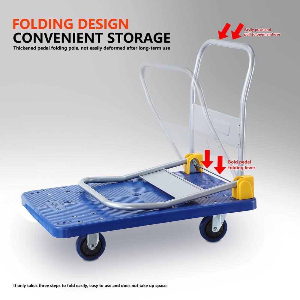 Platform Truck with 880lb Weight Capacity and 360 Degree Swivel Wheels, Foldable Push Hand Cart for Loading and Storage, Blue