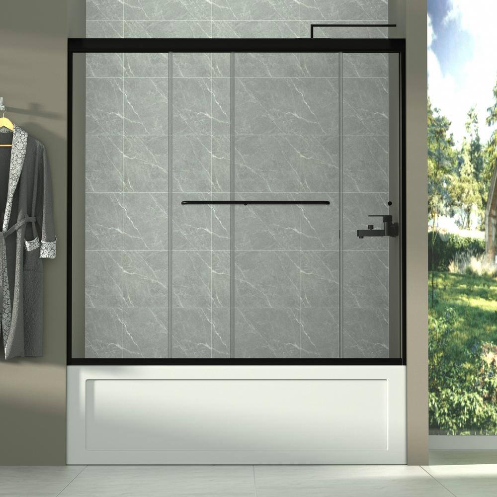 Matte Black Semi-Frameless Sliding Bathtub Door with Clear Glass