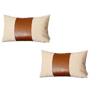 Bohemian Vegan Faux Leather Ivory and Brown 12 in. x 20 in. Lumbar Solid Throw Pillow Set of 2
