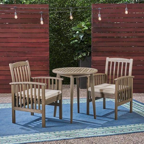 Noble House Casa 30 in. Grey 3-Piece Wood Round Outdoor Bistro Set with Cream Cushions