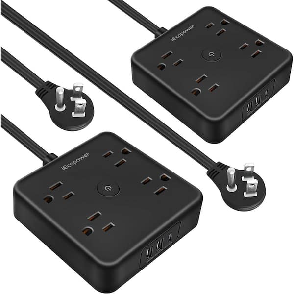 Lukyamzn 4-Outlet Power Strip Surge Protector with 3 USB Ports 10 ft. Thin Extension Cord Ultra Flat Plug in Black (2 Pack)