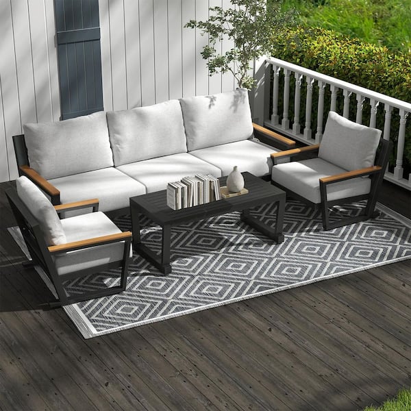 Outdoor 4-Piece Aluminum Patio Conversation Sectional Seating Set with Coffee Table and Light Gray Cushions