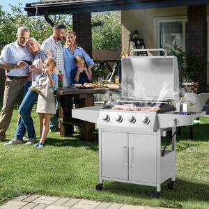 Portable Propane Grill in Stainless Steel with Gas BBQ, Side Burner, Thermometer, Prep Table 50000 BTU (5-Burner)