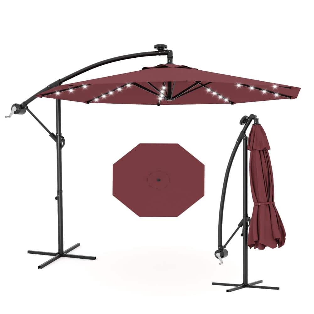 10FT Cantilever Patio Umbrella with Solar LED Lights, Outdoor Shade for Deck Pool Garden Backyard, Cross Base, Claret price history on PriceWatchPro