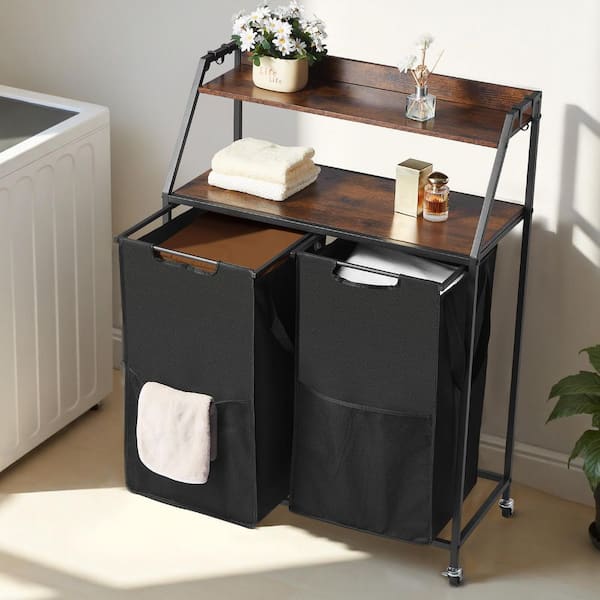 Tall Laundry Hamper, 2-Tier Sorter, Metal Frame & Black Wooden Top Kitchen Cart, Rolling Organizer, Oxford Cloth Bags