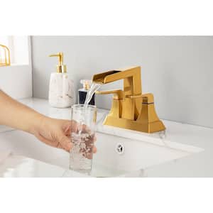 Mondawell Open Waterfall 4 in. Centerset Double-Handle Low Arc Bathroom Faucet with Drain in Brushed Gold