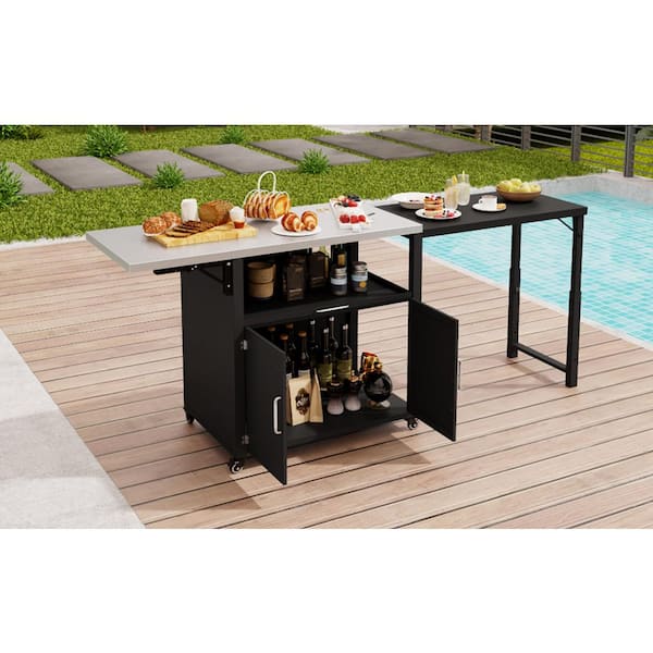 47 in. Versatile Outdoor Cabinet Grill Cart with Folding & Expandable Work Surfaces and Lockable Wheels, Matte Black