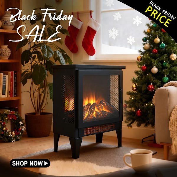 14.2 in. Freestanding Sheet Metal with Infrared Quartz Electric Fireplace with 3D Flame in Antique Black