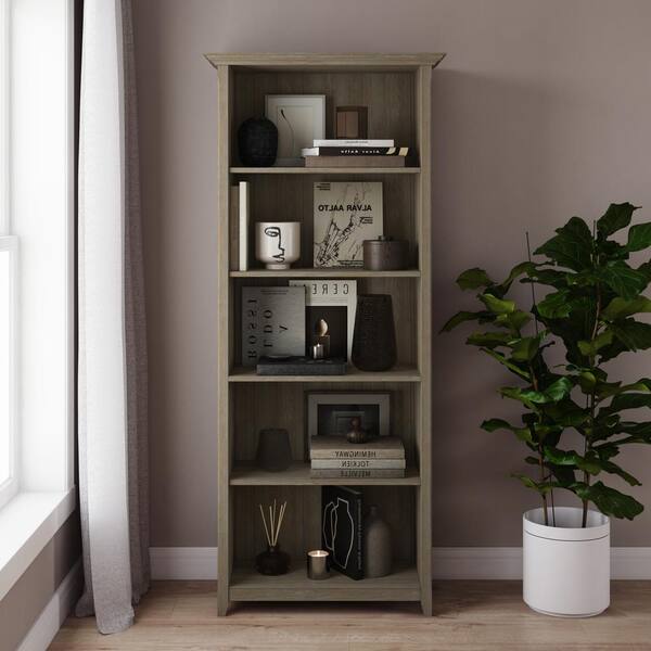 Simpli Home Amherst 5-Shelf Solid Wood Bookcase in Russet Brown