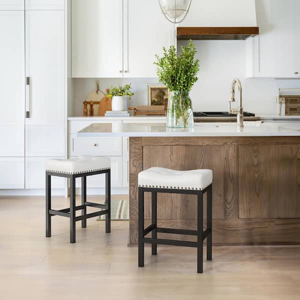 LUE BONA 24 in. White Counter Height Saddle Bar Stool Faux Leather Cushion Backless Bar Stool with Metal Legs (Set of 2)