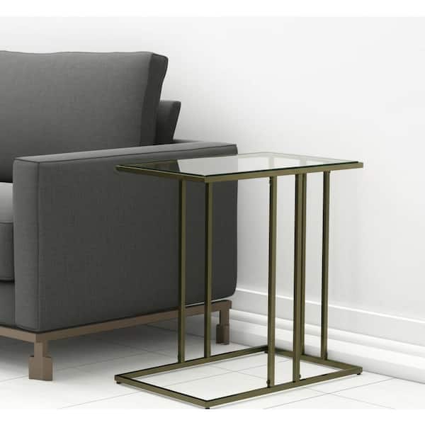 12.75 in. Antiqued Gold Rectangular Glass End Table