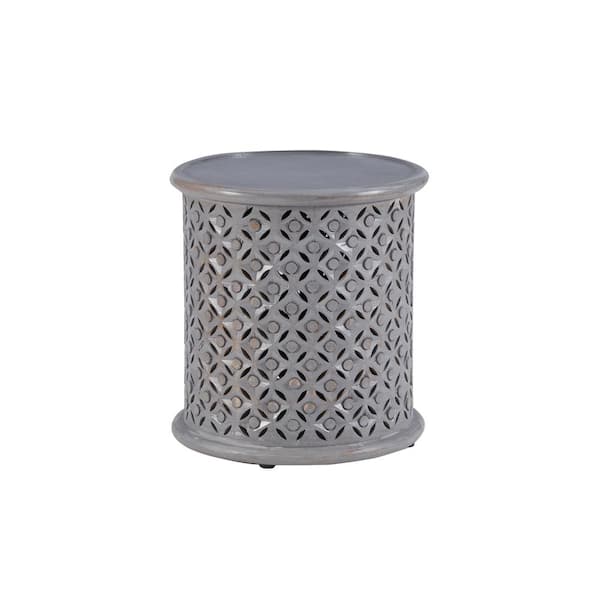 Linon Home Decor Elia Light Grey Solid Mango Wood Side Table with Hand Carved Lattice Pattern
