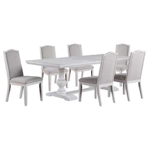 Warren 7-Piece Whitewash Wood Dining Room Set with 4 Upholstered Side Chairs and 2 Upholstered Arm Chairs