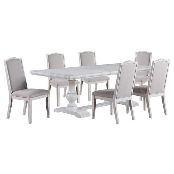 Steve Silver Warren 7-Piece Whitewash Wood Dining Room Set with 4 Upholstered Side Chairs and 2 Upholstered Arm Chairs