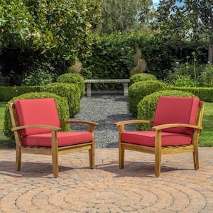 Caldwell Teak Slatted Wood Outdoor Lounge Chairs with Red Cushions (2-Pack)