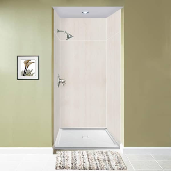 Transolid Expressions 36 in. x 36 in. x 96 in. 4-Piece Easy Up Adhesive Alcove Shower Wall Surround in Bleached Oak