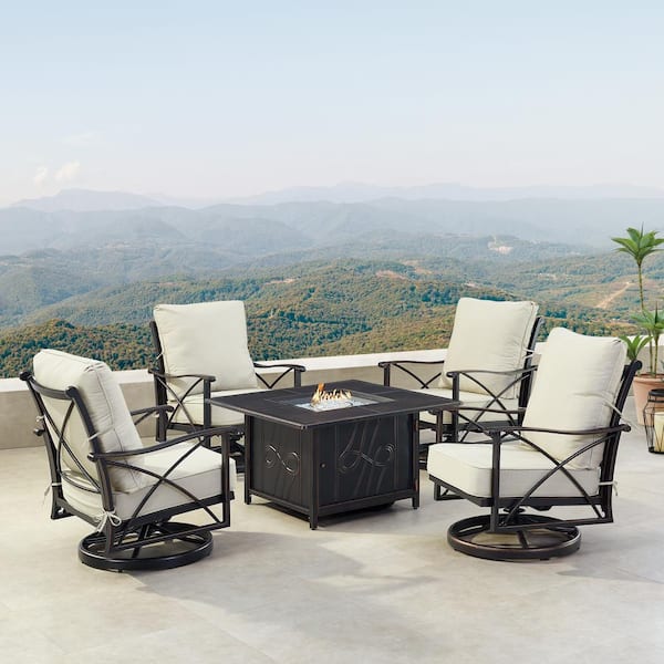 Oakland Living Black Aluminum Fire Table Set with 4-Club Chairs