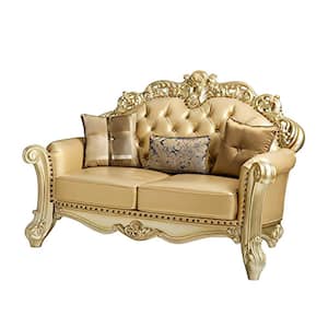 Vendome 43 in. Bone PU and Gold Patina Faux Leather 2-Seats Loveseats with 3 Pillows