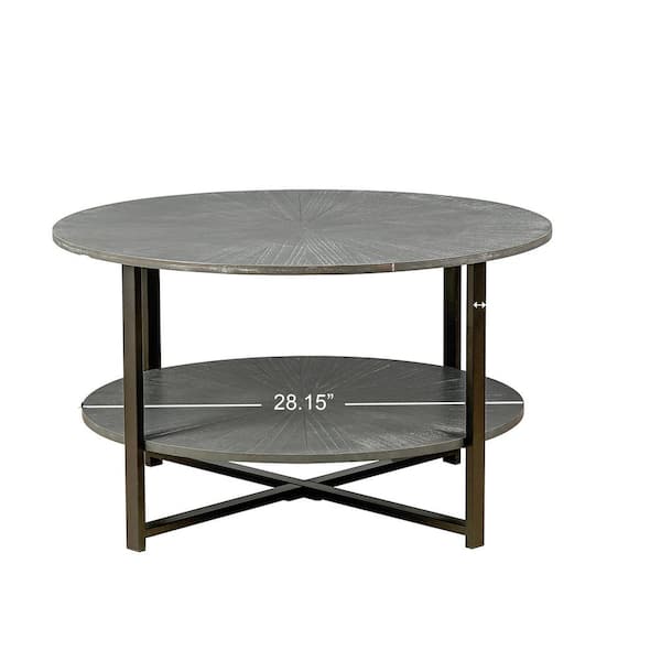 Sudzendf 31.5 in. Antique Gray Round Coffee Table With 2-Tier Storage and Black Metal Leg