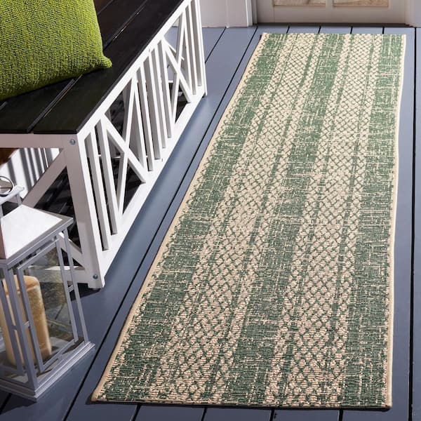 Courtyard Beige/Dark Green 2 ft. x 8 ft. Striped Diamond Indoor/Outdoor Runner Rug
