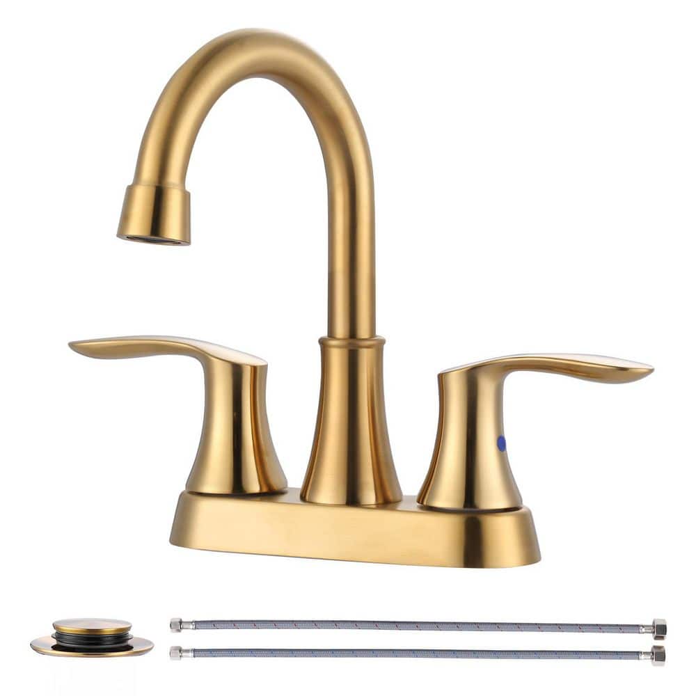 4 in. Centerset Double Handle High Arc Bathroom Sink Faucet with Pop Up Drain and Water Hose in Gold (1-Pack) price history on PriceWatchPro