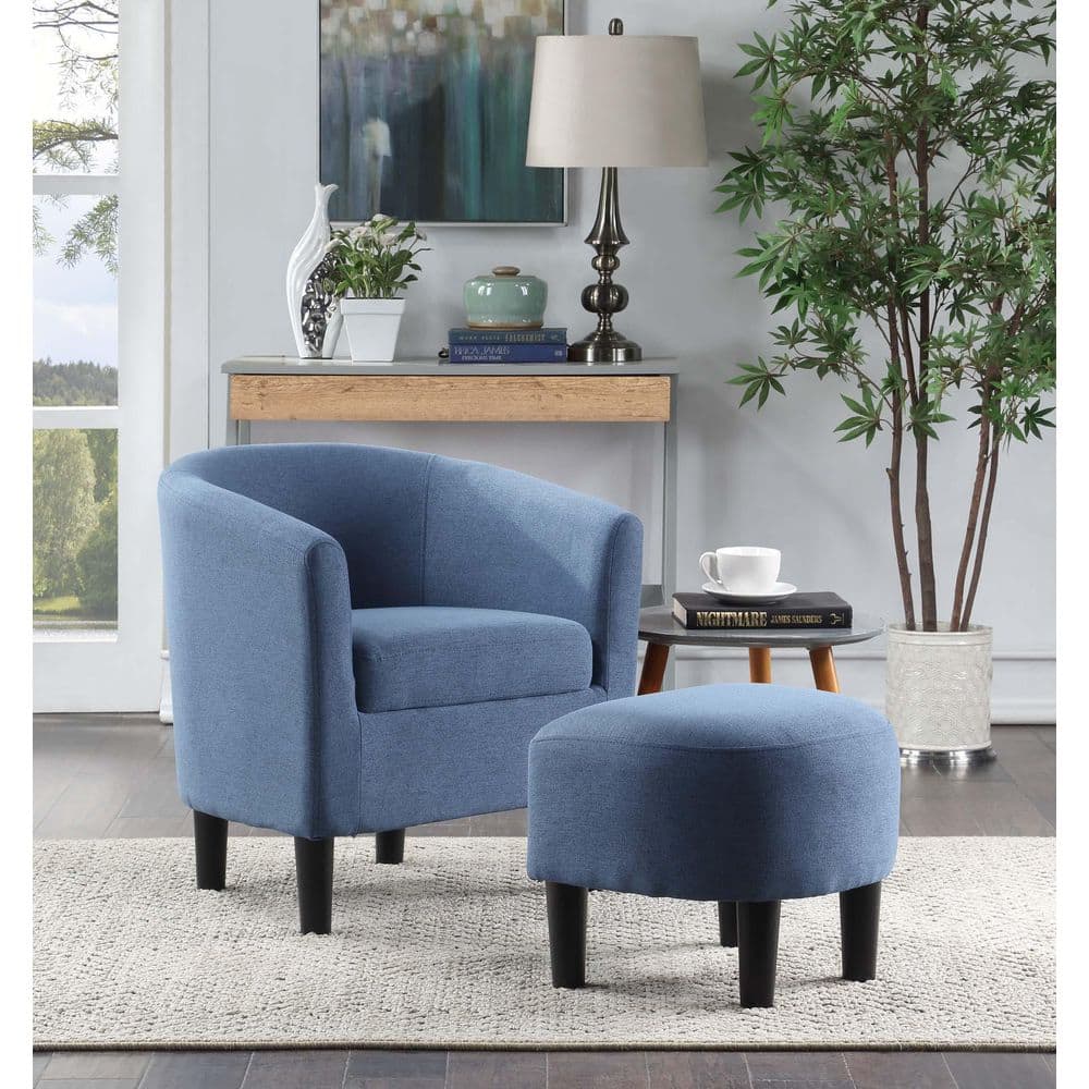Blue Fabric Barrel Accent Chair with Ottoman