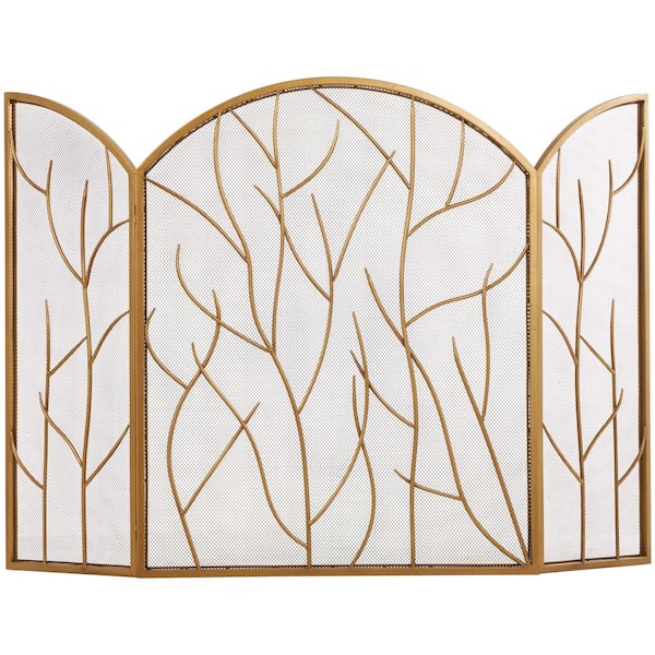 Litton Lane Gold Metal Tree Arched 3-Panel Fireplace Screen with Branch Inspired Design