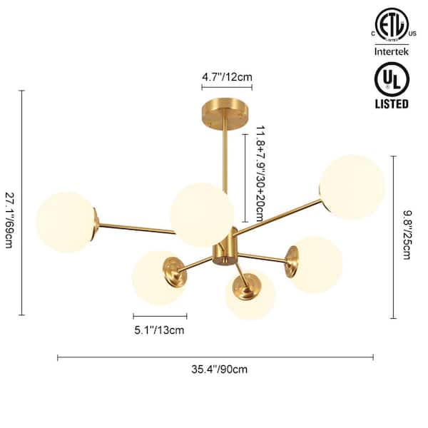 Orlena 6-Light Brass Mid-Century Modern Sputnik Chandelier with Frosted Opal Glass Globes Shades