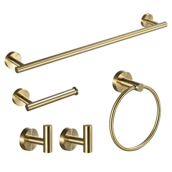 5-Piece Bath Hardware Set with Towel Ring Toilet Paper Holder Towel Hook and Towel Bar in Brushed Gold