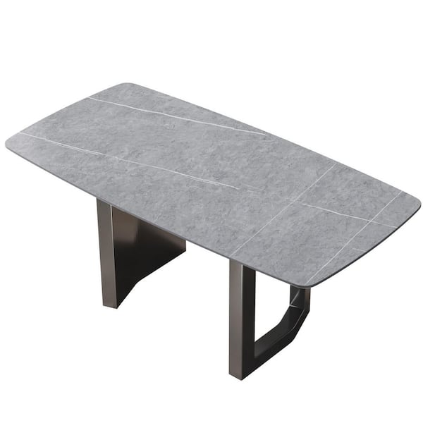 Magic Home 70.87 in. Rectangle Gray Round Edge Sintered Stone Top Double Pedestal 2-Grey Titanium Metal Base Dining Table (Seats-6)