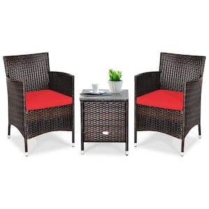 3-Piece Brown Wicker Patio Conversation Set,  Bistro Set with Red Cushions