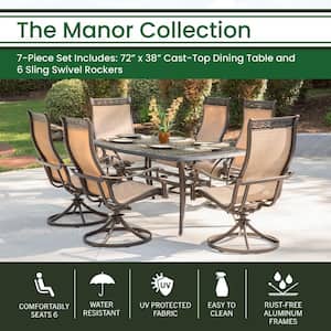 Manor 7-Piece Aluminum Rectangular Outdoor Dining Set with Cast-Top Dining Table and 6 PCV Sling Swivel Chairs
