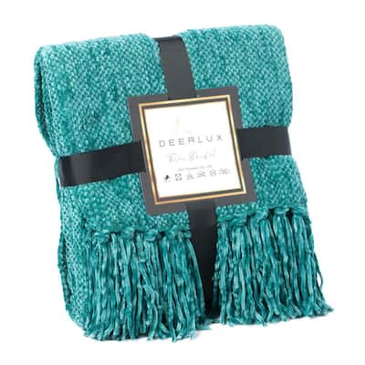 Decorative Chenille Throw Blanket with Fringe, Turquoise