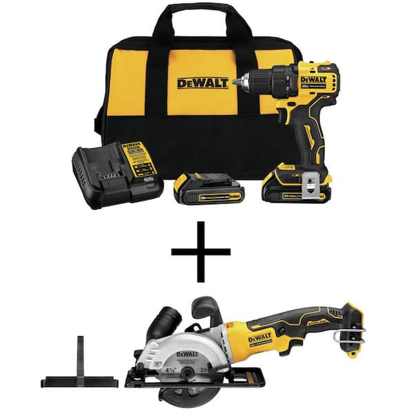 DEWALT ATOMIC 20V MAX Cordless Brushless Compact 1/2 in. Drill/Driver, 4-1/2 in. Circular Saw, and (2) 20V 1.3Ah Batteries