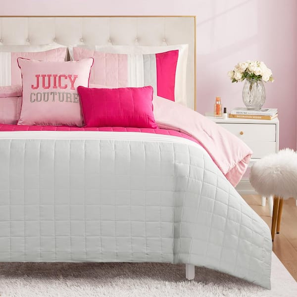 Juicy Couture Home Queen Size Pink White Gray Logo store Sheet Set + Twin Throw Bundle