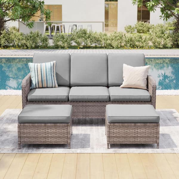 Sonkuki 3-Pieces Outdoor Patio Conversation Set with 3-Seater Sofa and Ottoman Gray Wicker with Gray Cushion