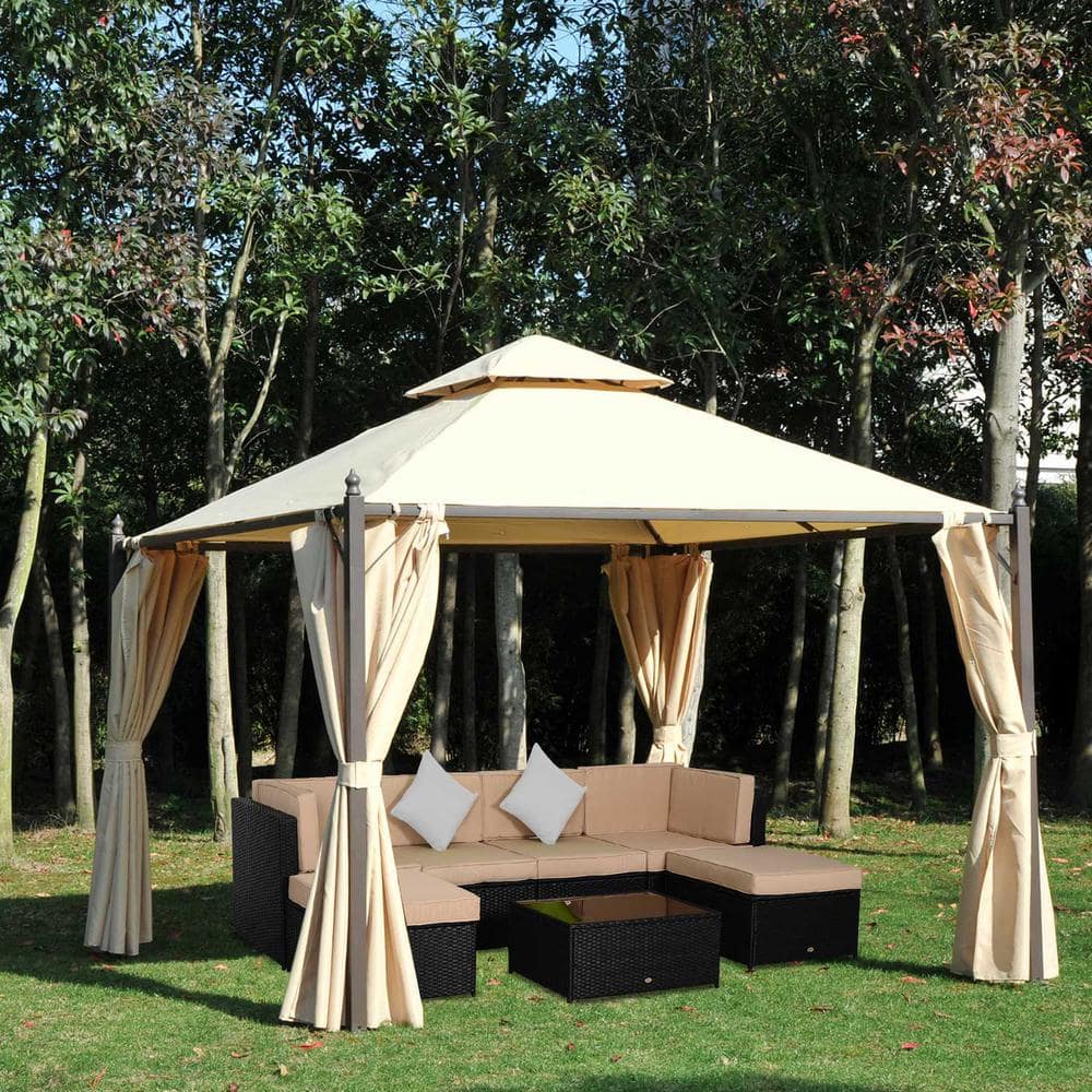 Steel Garden Gazebo with Curtains, 10 x 10 ft, Gray
