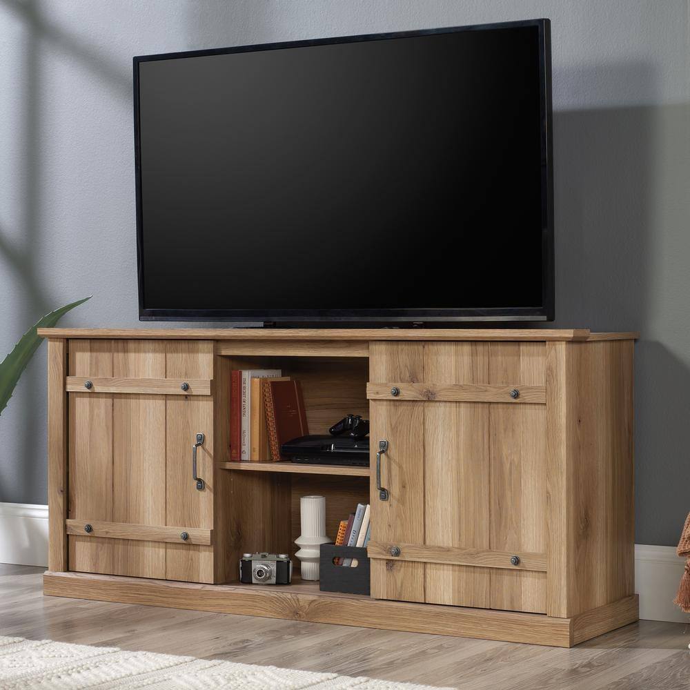 Timber Oak Farmhouse TV Stand with Sliding Barn Doors for 70" TVs