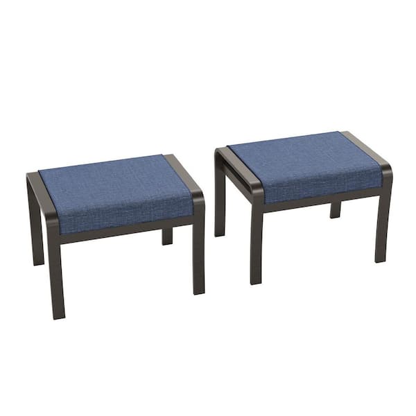 2 Pieces Aluminum Weather-Resistant Patio Outdoor Patio Ottoman with Navy Blue Cushion