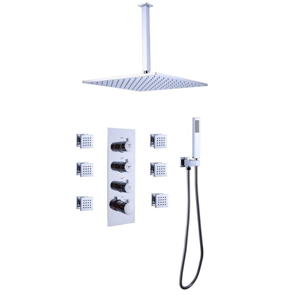 Dimakai 12 in. 6-Jet Thermostatic Mixer Shower System Combo Set Shower Head and Handshower in Brushed Nickel