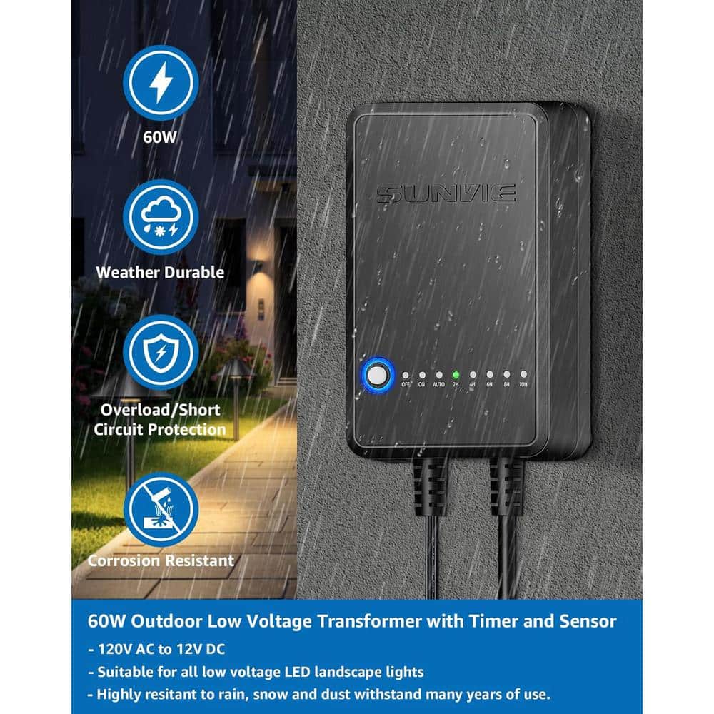 60W Black Low Voltage Landscape Transformer with Timer and Photocell Sensor