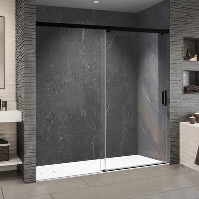 60 in. W x 76 in. H Sliding Semi Frameless Shower Door in Matte Black with 5/16 in. Glass Aluminum Guide Rail