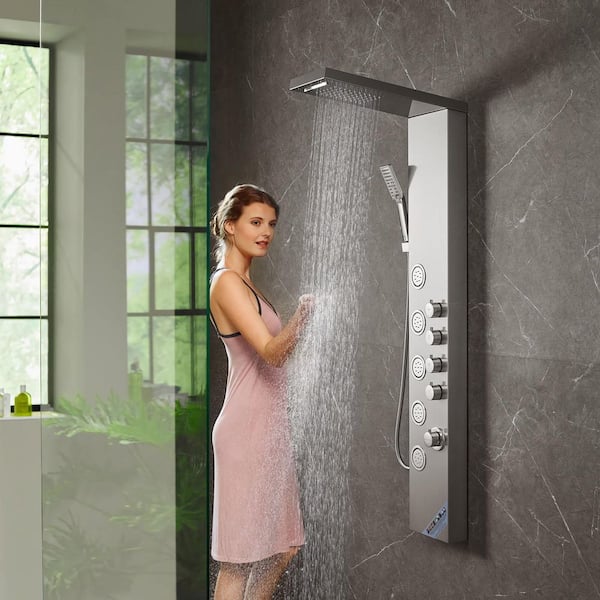 Shower Panel System, 4 Shower Modes Shower Panel Tower, Rainfall, Waterfall, 5 Full Body Massage Jets, with 59 in. Hose
